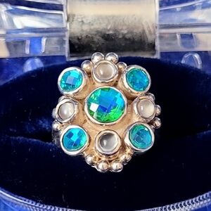 Elegant Sajen Caribbean Quartz , Rainbow Teal Quartz & Moonstone Ring Sz 6